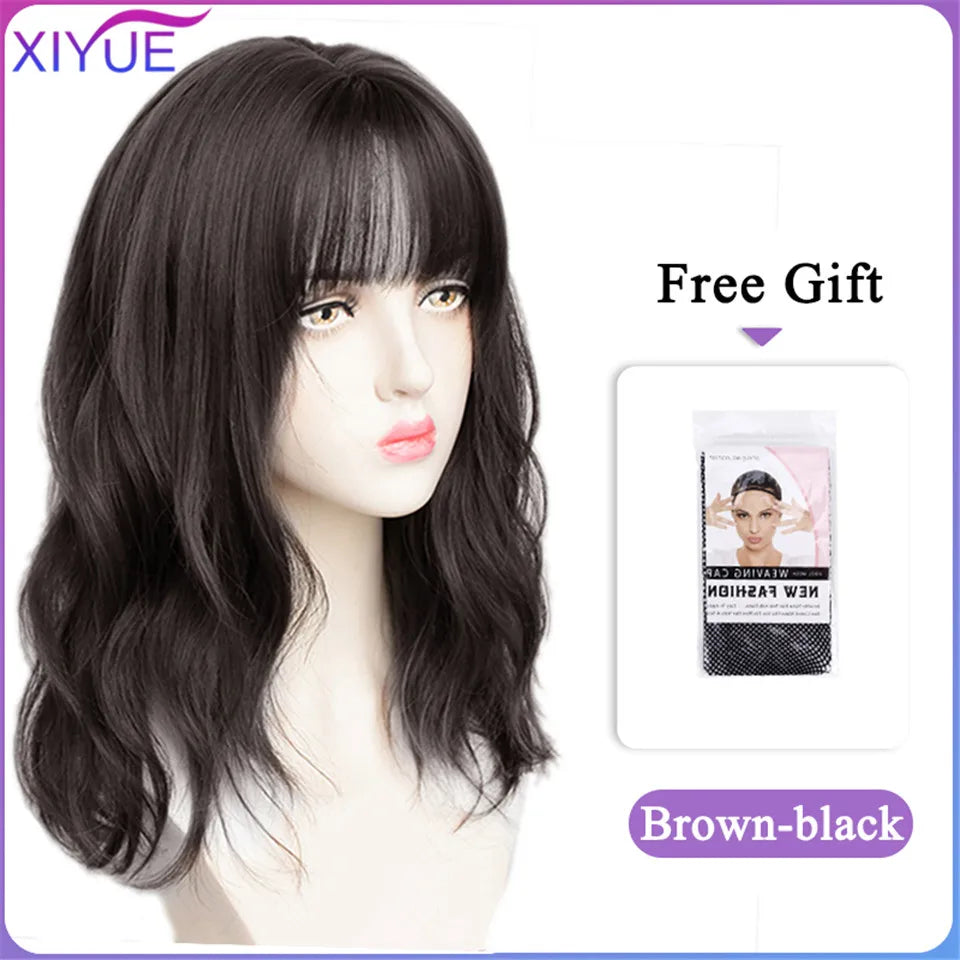 XIYUE Long Synthetic Curly Wigs With Center Bangs Natural Curly Dark Brown Wigs for Women Cosplay Wigs Heat Resistant Fiber Wigs