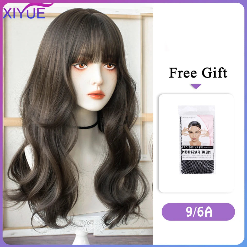 XIYUE Long Synthetic Curly Wigs With Center Bangs Natural Curly Dark Brown Wigs for Women Cosplay Wigs Heat Resistant Fiber Wigs