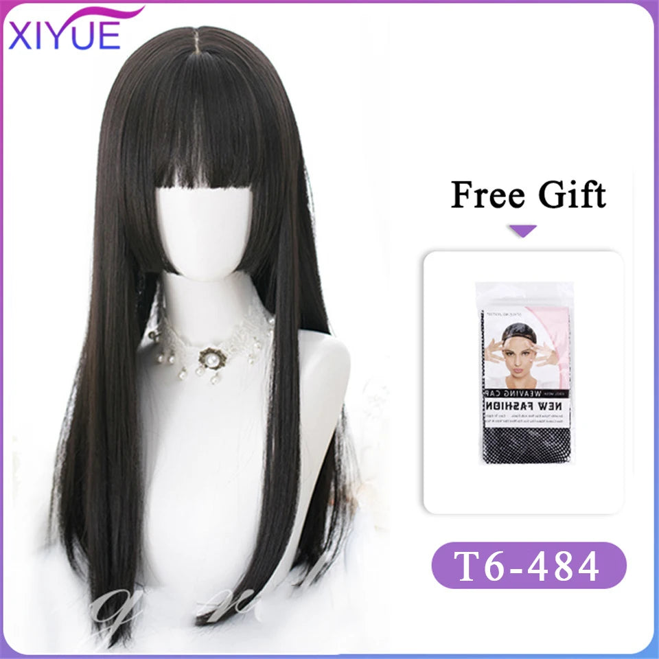 XIYUE Long Synthetic Curly Wigs With Center Bangs Natural Curly Dark Brown Wigs for Women Cosplay Wigs Heat Resistant Fiber Wigs