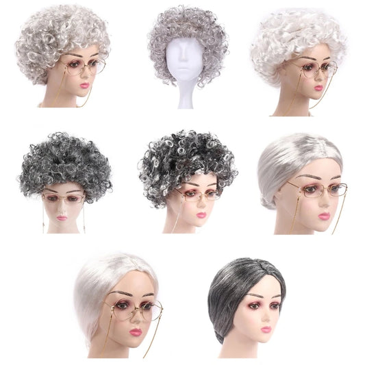 Kids Old Lady Wigs Short Gray Wigs Natural Lookings Halloween Cosplays Party Wigs Granny Costume Grandma Wigs for Girls