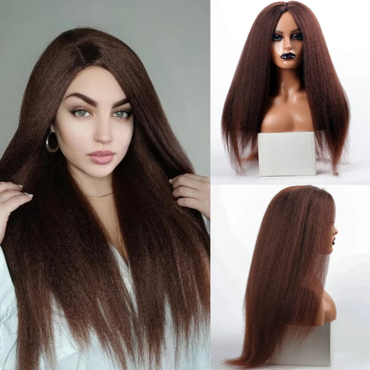Long Synthetic Kinky Straight Wigs for Women Puffy Synthetic Straight Hair Wigs Middle Part Wigs Brown Black Ginger White Wigs